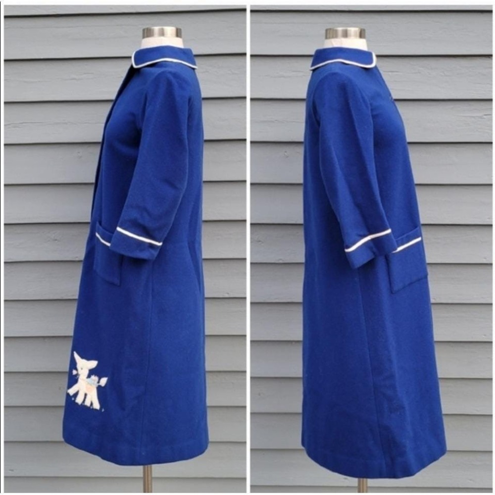 Vintage Rowes of Bond Street Blue Wool Kids Coat Lamb Applique Made in England - Picture 2 of 6